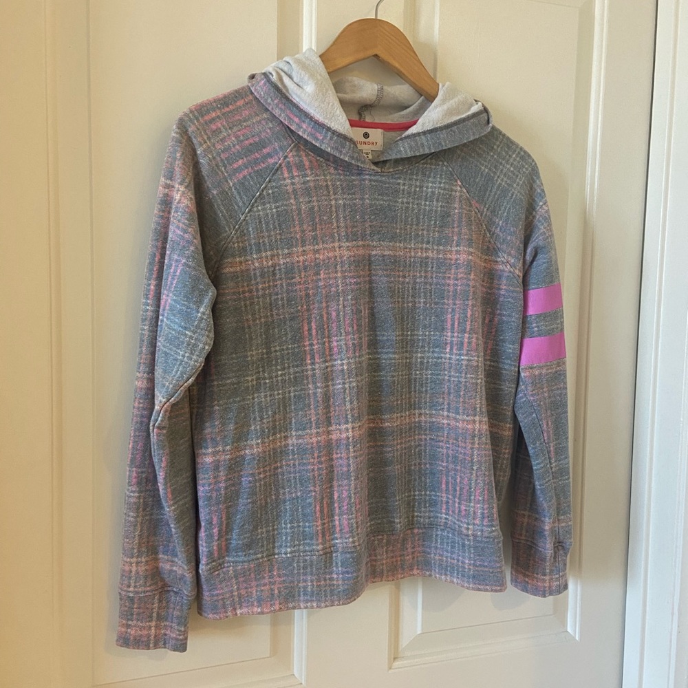 Anthropologie Sundry Stripes Plaid Pink Petal Hoodie Size 0 XS Womens - Picture 2 of 7